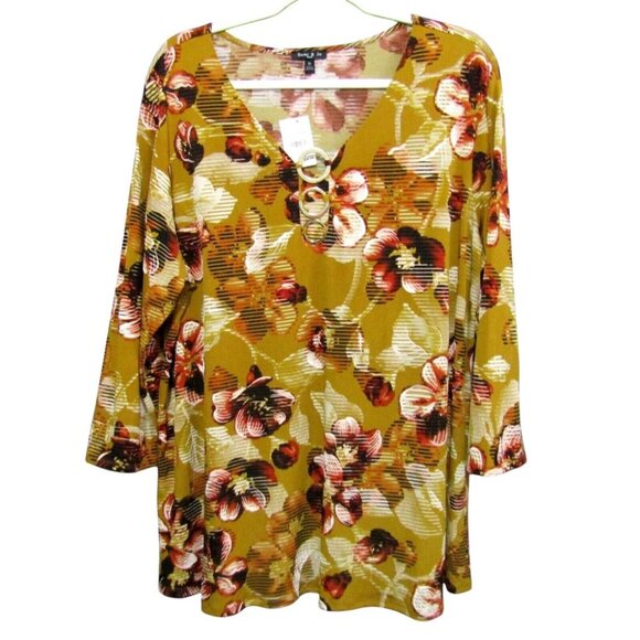 Sami & Jo Mustard Yellow Floral Tunic Top Size 2X Gold Rings 3/4 Sleeve New Tag - Picture 1 of 11
